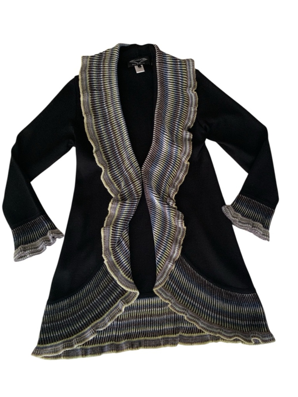 Angel by Sabri Ozel Wool Cardigan Sweater Womens Size L Large Black Striped Knit